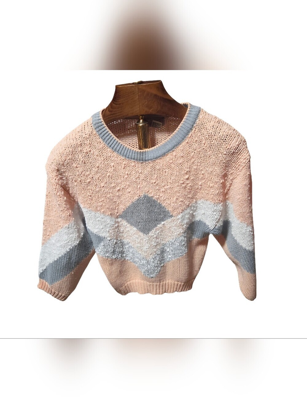Vintage 80s Spice Of Life Peach Argyle Chevron Cropped Sweater Size Large